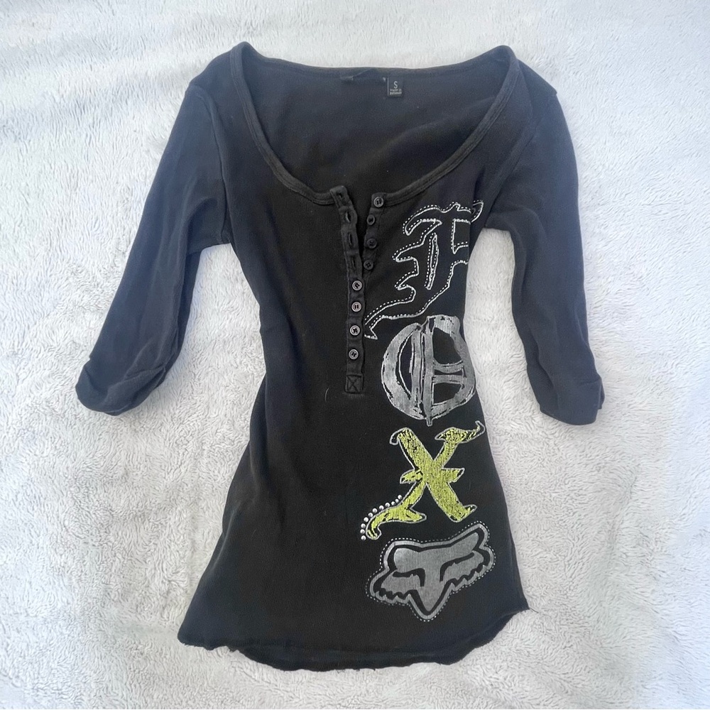 ‼️SOLD‼️ Fox Racing Black and Yellow Graphic 3/4 Sleeve Henley